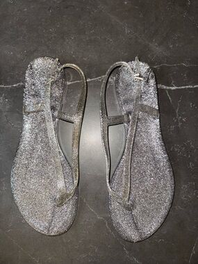 J. Crew Glitter T-Strap Sandals - Silver Sparkle